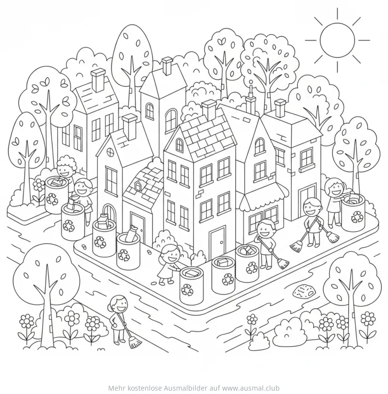 Kinder säubern Stadt mit Mülltrennung Ausmalbild