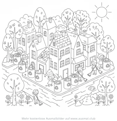 Kinder säubern Stadt mit Mülltrennung Ausmalbild