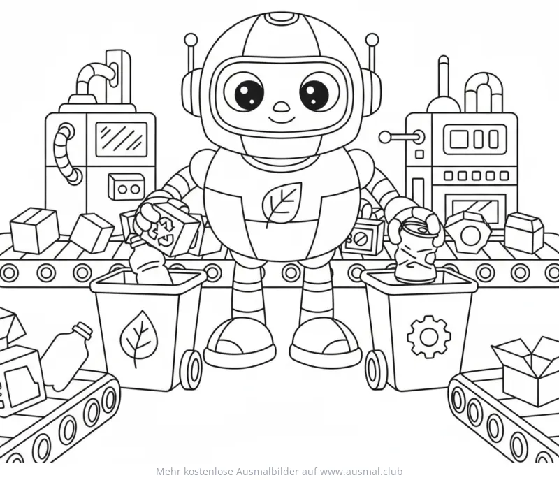 Recycling Roboter beim Müll sortieren Ausmalbild