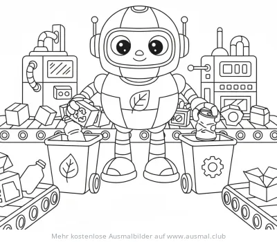 Recycling Roboter beim Müll sortieren Ausmalbild