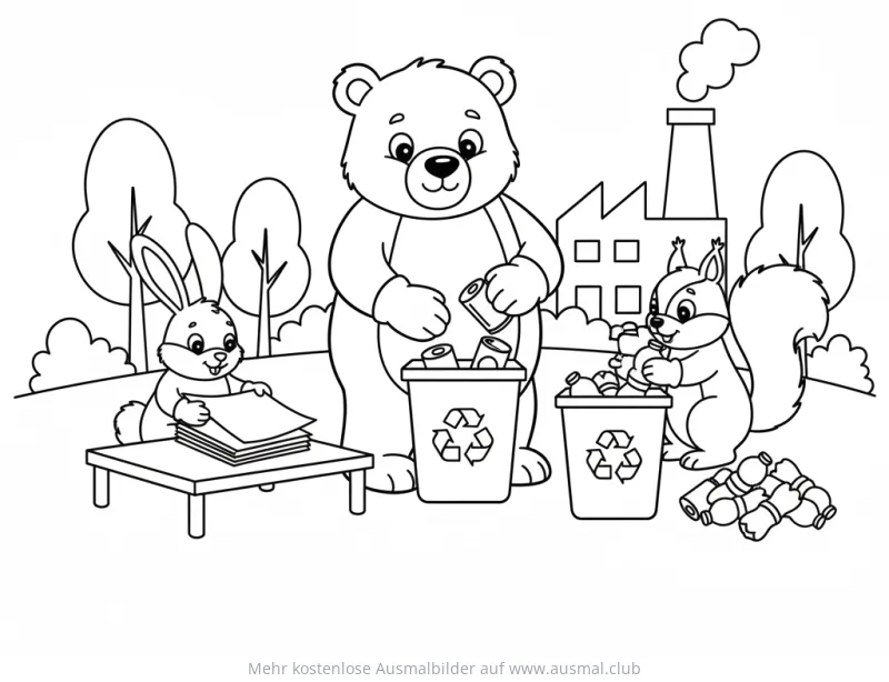 Bär, Hase und Eichhörnchen trennen Müll Ausmalbild