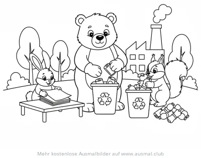 Bär, Hase und Eichhörnchen trennen Müll Ausmalbild