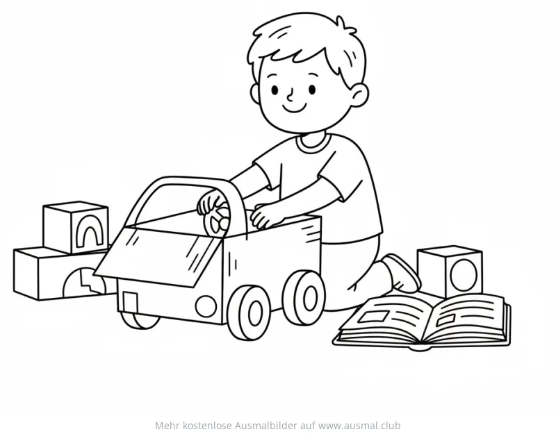 Junge spielt mit selbstgebautem Spielzeugauto aus Pappe Ausmalbild