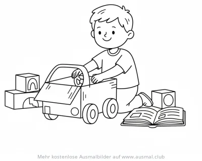 Junge spielt mit selbstgebautem Spielzeugauto aus Pappe Ausmalbild