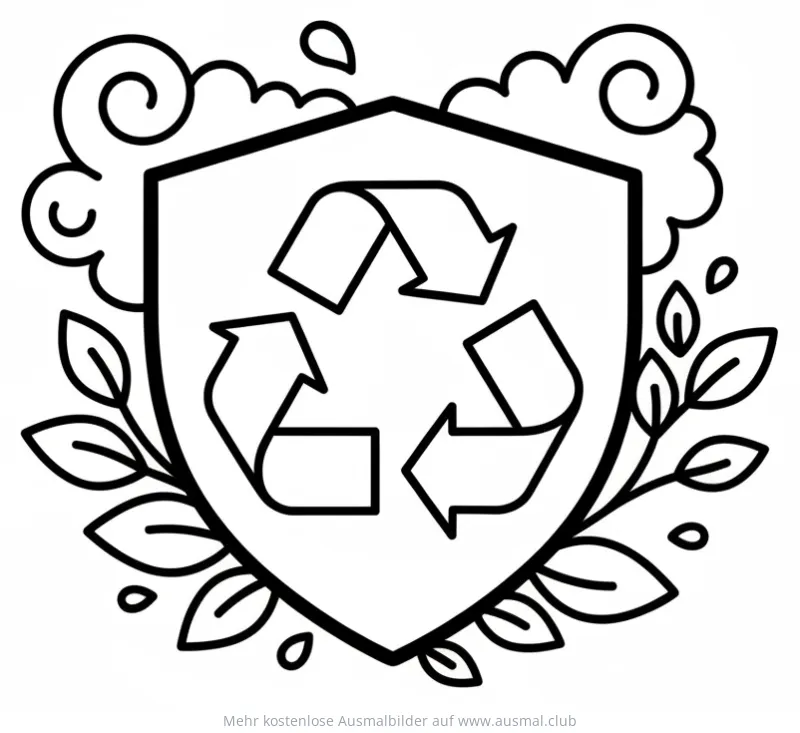 Recycling Schild mit Blättern und Wolken Ausmalbild