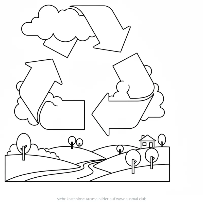 Recycling Symbol mit Wolken und Landschaft Ausmalbild