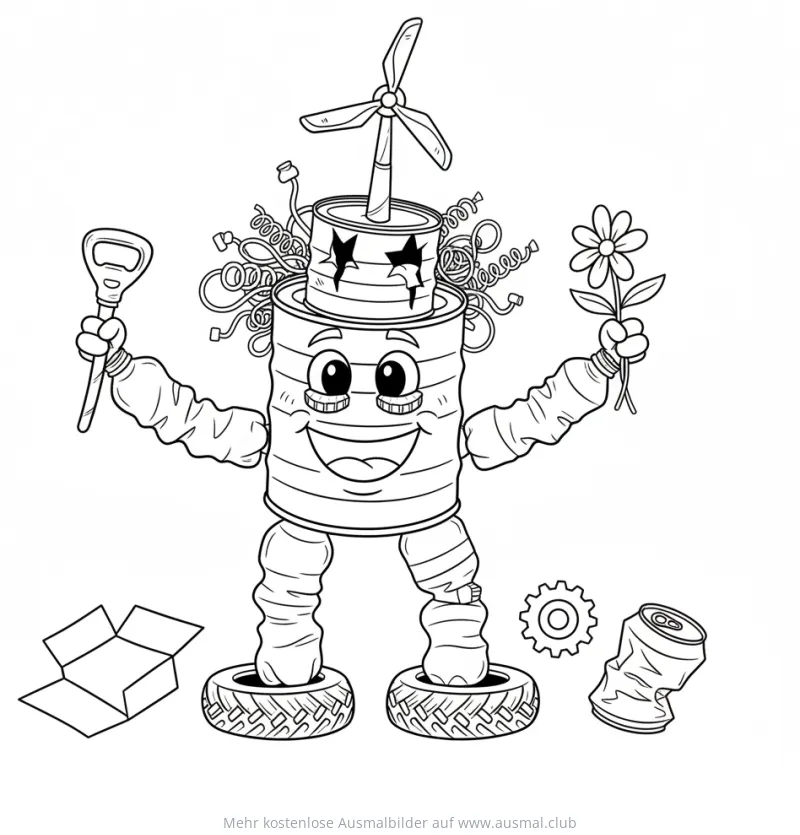 Recycling Monster Ausmalbild aus Dosen und Reifen
