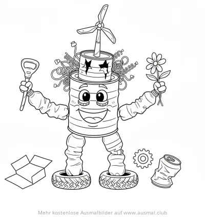 Recycling Monster Ausmalbild aus Dosen und Reifen