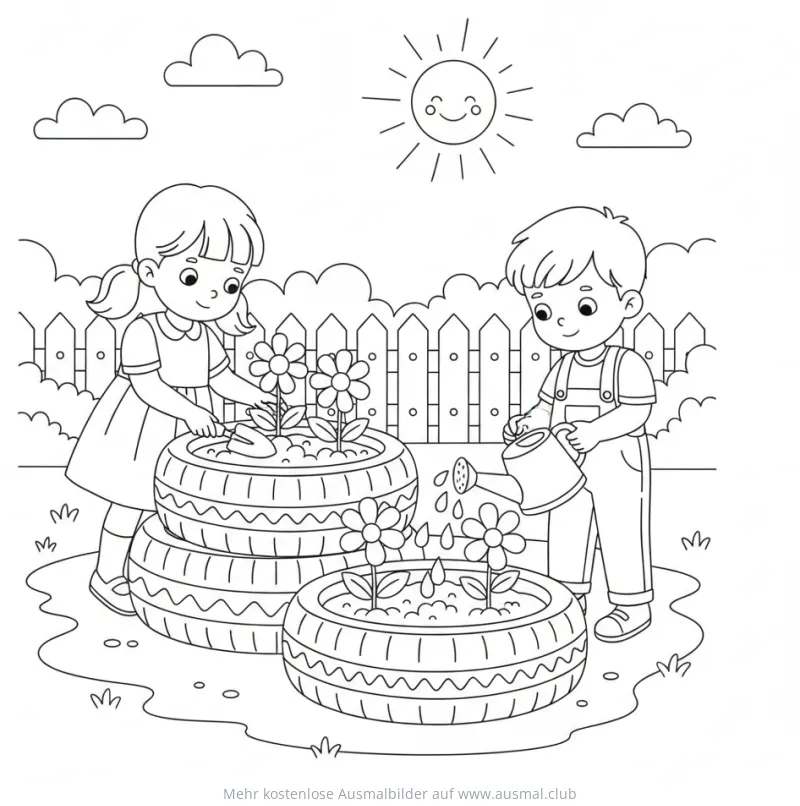 Kinder pflanzen Blumen in Reifen Ausmalbild