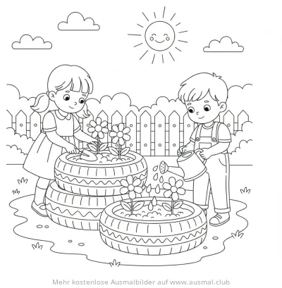 Kinder pflanzen Blumen in Reifen Ausmalbild