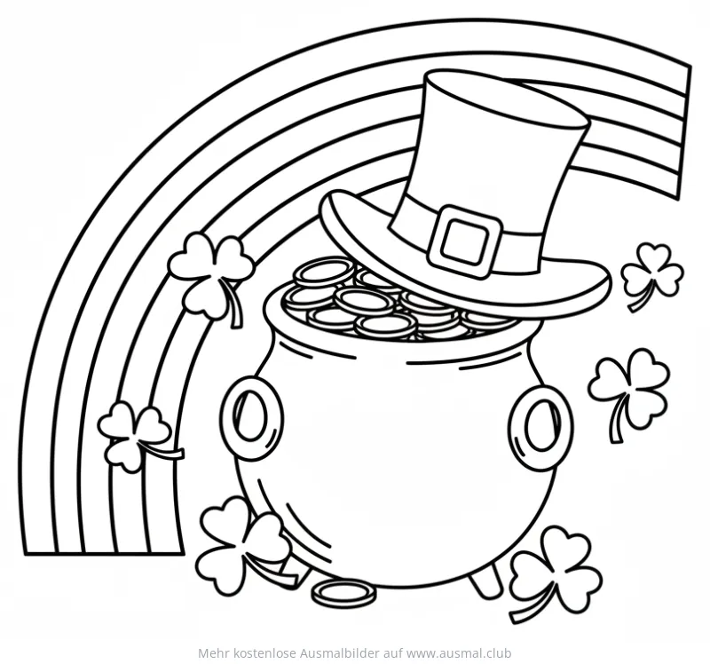Regenbogen, Topf mit Gold, Zylinder und Klee Ausmalbild