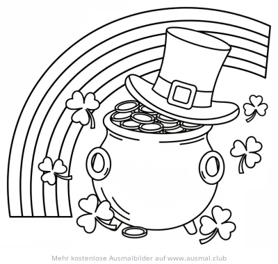 Regenbogen, Topf mit Gold, Zylinder und Klee Ausmalbild
