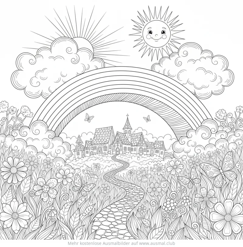 Regenbogen über Brücke zu Stadt mit Blumenwiese Ausmalbild