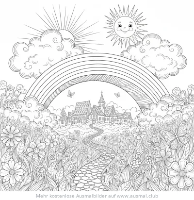 Regenbogen über Brücke zu Stadt mit Blumenwiese Ausmalbild