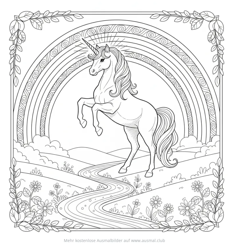 Einhorn vor Regenbogen in idyllischer Landschaft Ausmalbild