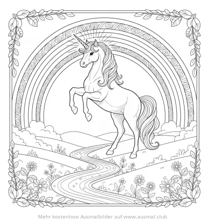 Einhorn vor Regenbogen in idyllischer Landschaft Ausmalbild