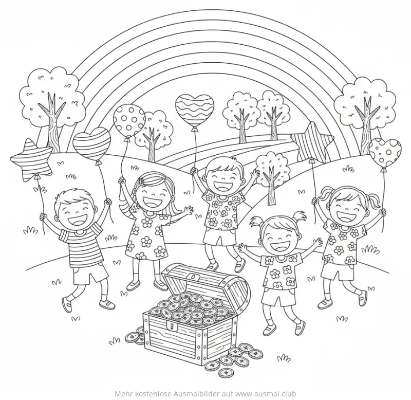Fröhliche Kinder mit Schatzkiste und Regenbogen Ausmalbild