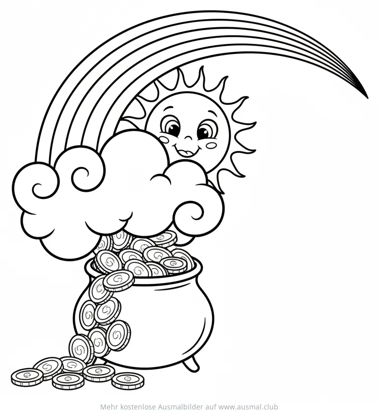 Regenbogen mit Sonne und Goldtopf Ausmalbild