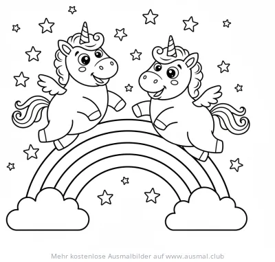 Zwei Einhörner mit Flügeln reiten auf einem Regenbogen Ausmalbild