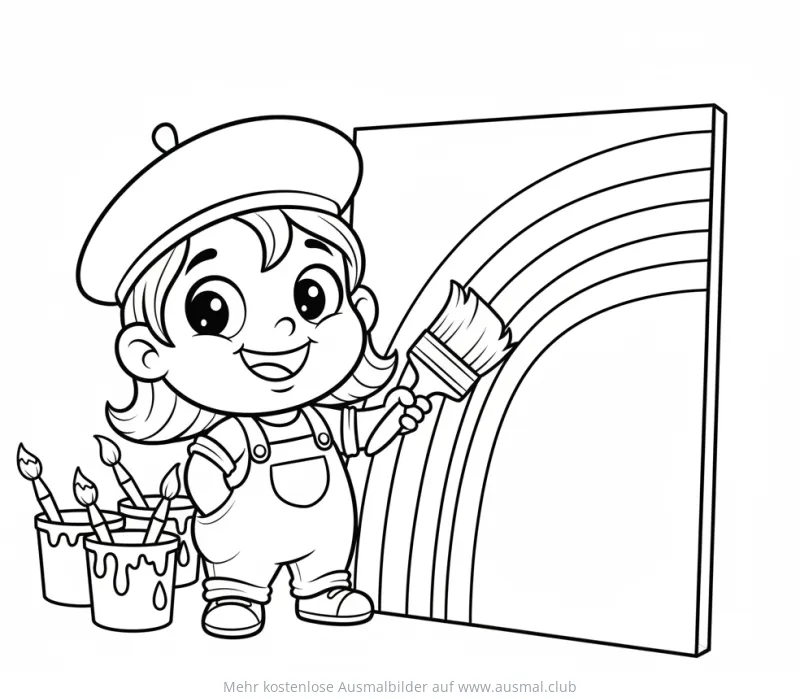 Mädchen malt Regenbogen auf Leinwand Ausmalbild