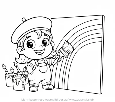 Mädchen malt Regenbogen auf Leinwand Ausmalbild