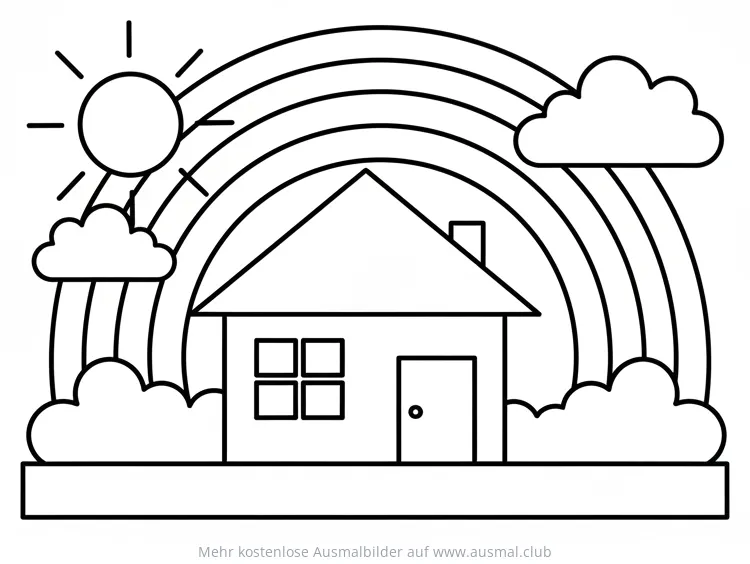 Haus mit Regenbogen und Sonne Ausmalbild