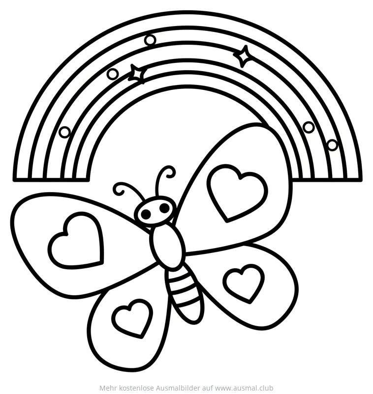 Schmetterling mit Herzchen und Regenbogen Ausmalbild