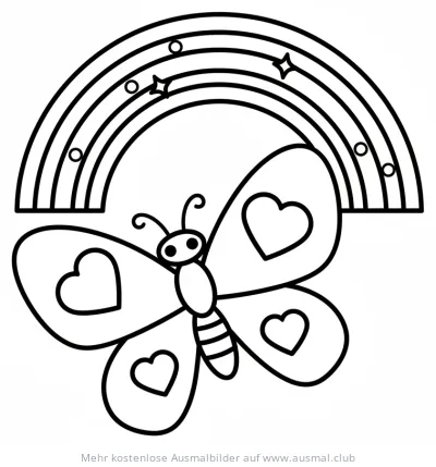 Schmetterling mit Herzchen und Regenbogen Ausmalbild