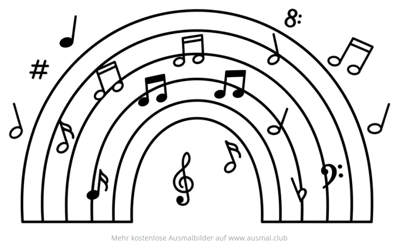 Regenbogen Ausmalbild mit Noten und musikalischen Symbolen