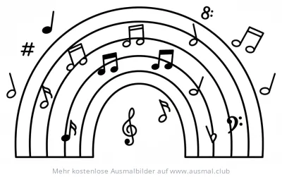 Regenbogen Ausmalbild mit Noten und musikalischen Symbolen
