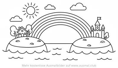 Regenbogen mit Inseln, Haus und Schloss Ausmalbild