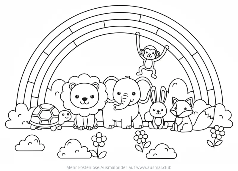 Regenbogen Ausmalbild mit Löwe, Elefant, Hase, Fuchs, Affe und Schildkröte