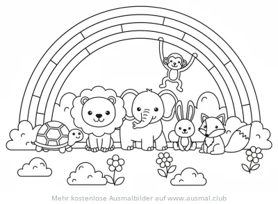 Regenbogen Ausmalbild mit Löwe, Elefant, Hase, Fuchs, Affe und Schildkröte