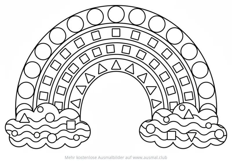 Regenbogen Ausmalbild mit Kreisen, Quadraten und Dreiecken