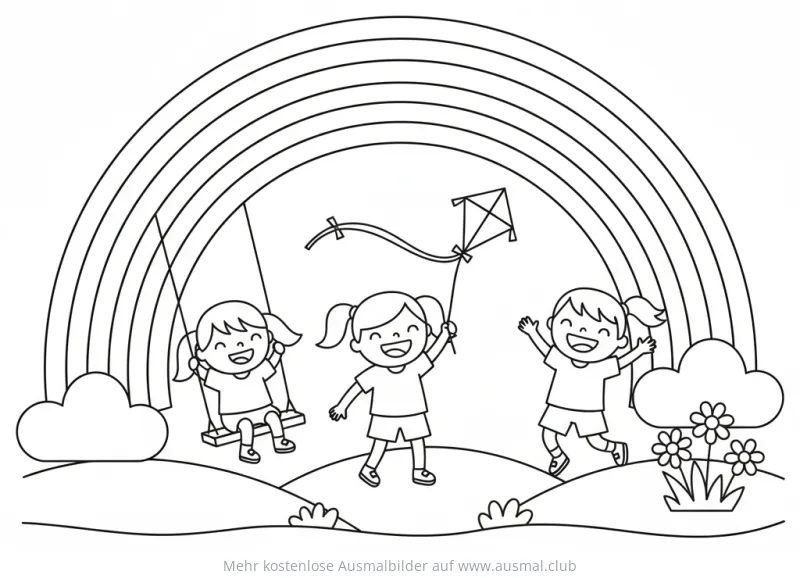 Kinder spielen unter Regenbogen Ausmalbild