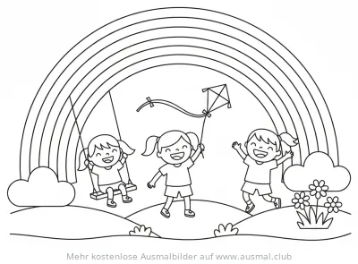 Kinder spielen unter Regenbogen Ausmalbild