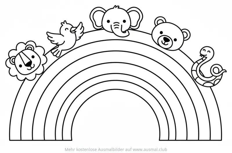 Regenbogen Ausmalbild mit Löwe, Vogel, Elefant, Bär und Schlange