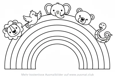 Regenbogen Ausmalbild mit Löwe, Vogel, Elefant, Bär und Schlange