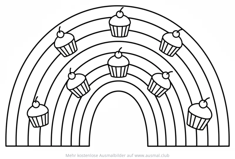 Regenbogen mit Cupcakes Ausmalbild