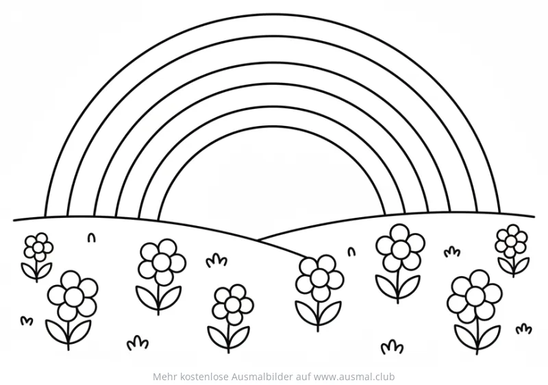 Regenbogen über einer Blumenwiese Ausmalbild