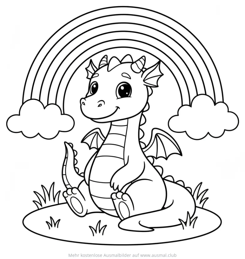 Drache sitzt unter Regenbogen Ausmalbild