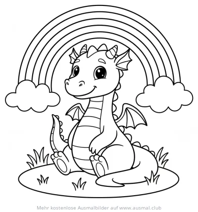 Drache sitzt unter Regenbogen Ausmalbild