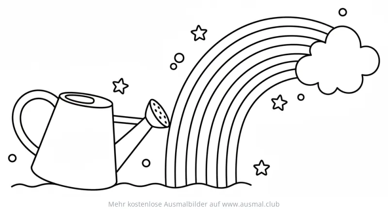 Giesskanne mit Regenbogen, Sternen und Kreisen Ausmalbild