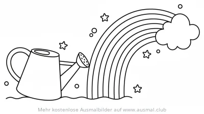 Giesskanne mit Regenbogen, Sternen und Kreisen Ausmalbild