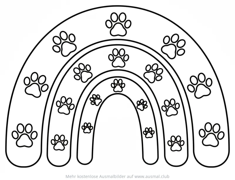 Regenbogen Ausmalbild mit vielen Pfotenabdrücken