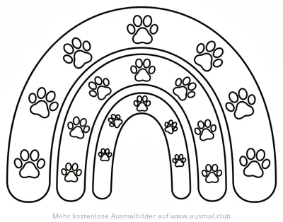 Regenbogen Ausmalbild mit vielen Pfotenabdrücken