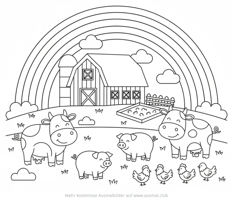 Bauernhof mit Kühen, Schweinen, Hühnern und Regenbogen Ausmalbild