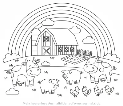 Bauernhof mit Kühen, Schweinen, Hühnern und Regenbogen Ausmalbild