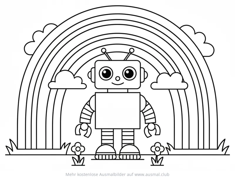 Freundlicher Roboter vor einem Regenbogen Ausmalbild
