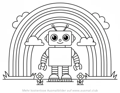 Freundlicher Roboter vor einem Regenbogen Ausmalbild